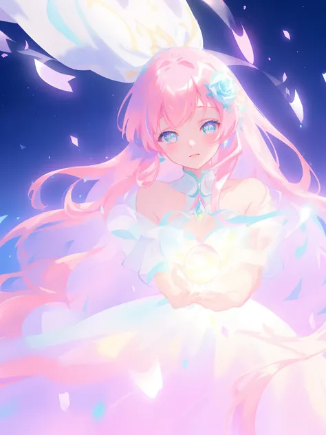 beautiful girl in glowing white dress, ((flowing white ballgown)), vibrant pastel colors, (colorful), magical lights, long flowing colorful pink hair, ((glowing aura around her)), flowing glowing hair, fantasia landscape background, whimsical, magical, fan...