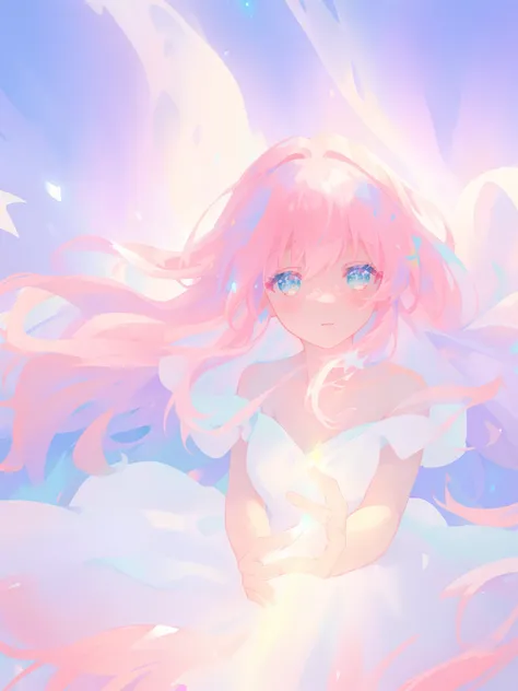 beautiful girl in glowing white dress, ((flowing white ballgown)), vibrant pastel colors, (colorful), magical lights, long flowing colorful pink hair, ((glowing aura around her)), flowing glowing hair, fantasia landscape background, whimsical, magical, fan...