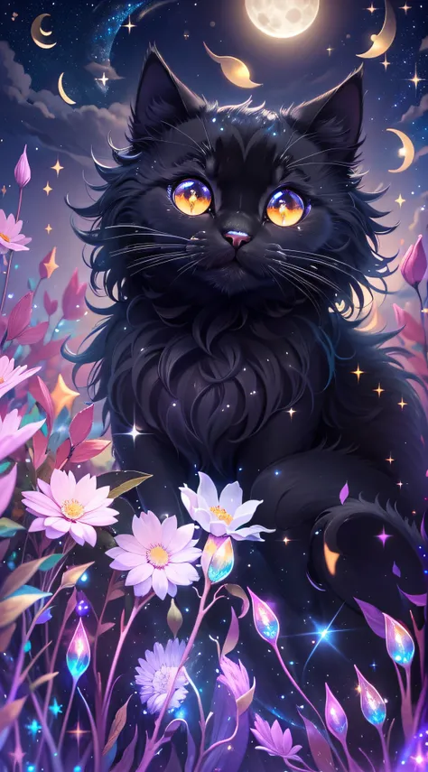 Cute black fluffy kitty, looking at the stars, letho, The moon is shining, the night, Glitter Iridescent Iridescent Iridescent, Cute big sparkling eyes, Black Spout, Masterpiece, ultradetail, Full HD, a starry sky, radiance, Flowers, Summer Warmth