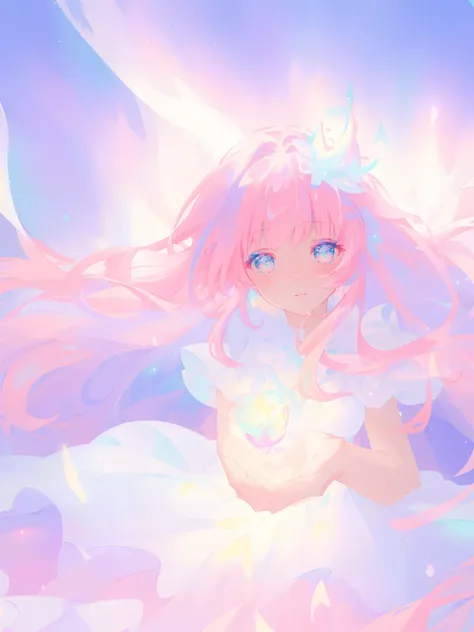 beautiful girl in glowing white dress, ((flowing white ballgown)), vibrant pastel colors, (colorful), magical lights, long flowing colorful pink hair, ((glowing aura around her)), flowing glowing hair, fantasia landscape background, whimsical, magical, fan...