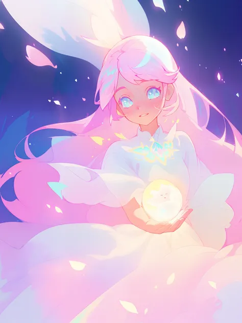 beautiful girl in glowing white dress, ((flowing white ballgown)), vibrant pastel colors, (colorful), magical lights, long flowing colorful pink hair, ((glowing aura around her)), flowing glowing hair, fantasia landscape background, whimsical, magical, fan...