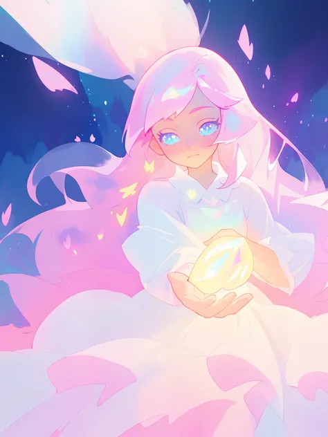 beautiful girl in glowing white dress, ((flowing white ballgown)), vibrant pastel colors, (colorful), magical lights, long flowing colorful pink hair, ((glowing aura around her)), flowing glowing hair, fantasia landscape background, whimsical, magical, fan...