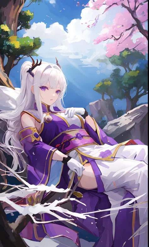 Two-dimensional painting style，female emperor，Watching the view，，White hair，Wear purple robes，Long white gloves are worn on the elbows(Must be above the elbow)，There is a dragon behind him，Lie under a tree