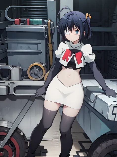 ph rikka, 1girl, :o, jacket, blazer, aqua eyes,team rocket,team rocket uniform,white skirt,crop top,black thigh-high boots,black elbow gloves,