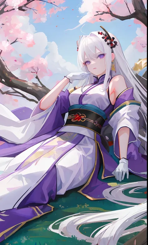 Two-dimensional painting style，female emperor，Watching the view，，White hair，Wear purple robes，Long white gloves are worn on the elbows(Must be above the elbow)，There is a Chinese dragon behind him，Lie under a tree