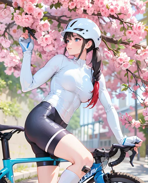 {{Masterpiece, Best quality, Extremely detailed CG, Unity 8k wallpaper, Cinematic lighting, }}, Woman riding a bicycle in a white shirt and black shorts, Wearing a white bicycle helmet, smooth white tight clothes suit, Cycling!!, tight light blue neopren s...