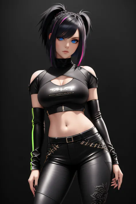 beautiful girl, ((standing:1.4)), (confident gaze:1.1), full body, short bright neon streaked black hair, ((realistic highly detailed eyes:1.4)), ((seductive pose:1.2)), black eyeshadow, (street style wear:1.2), ((tight fitted pants)), ((knee high leather ...