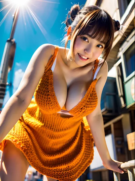 masutepiece, Best Quality, Hyper Detailed, Solo, kawaii, loli face and big boobs, Happy, flushed, looking at viewer, Cowboy Shot, (From below:1.5), Legs spread, Bun hair, Brown hair, Japanese, orange knitted dress, In the city, kawaii, Lens Flare, Open leg...