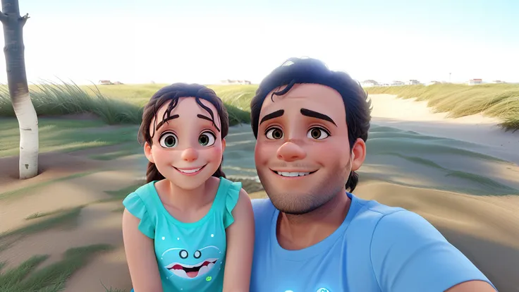 Pai e filha, sorridente iluminado, com fundo na praia