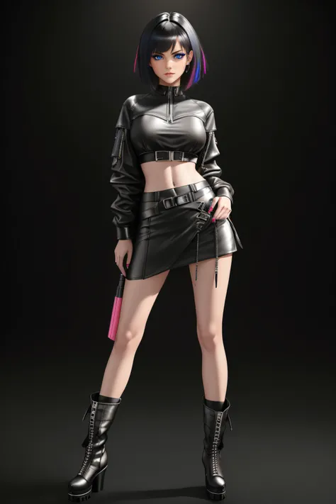 beautiful girl, ((standing:1.4)), (confident gaze:1.1), full body, short bright neon streaked black hair, ((realistic highly detailed eyes:1.4)), ((seductive pose:1.2)), black eyeshadow, (street style wear:1.2), ((short skirt)), ((knee high leather boots))...