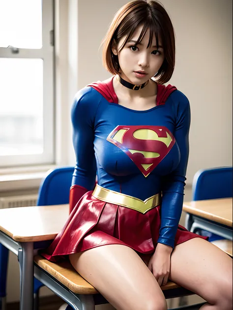 ​masterpiece,Short-haired Supergirl sitting at school desk with legs spread、large full breasts、Looking at the camera、Glossy enamel costume、Glossy red enamel long boots、Shiny red skirt、a choker、