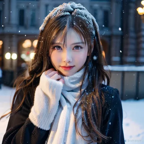 1 cutegirl, pretty eyes, brown eyes, long light brown hair, hair in motion, ringlets,
Snow falling in the city, a little accumulation. Snowflakes. Snowflakes in my hair.