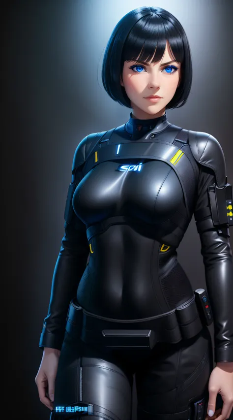 Science Fiction,Sci-Fi,Sci-Fi Movies,Foundation Movie References,Stories about Rebellion,Anti-Government Groups,25-Year-Old Woman, Full Body, Adult,Dark Blue Water-Colored Eyes,Black Bob Short Hair,leather body suit,Serious Face,Realistic Face Resolution,R...