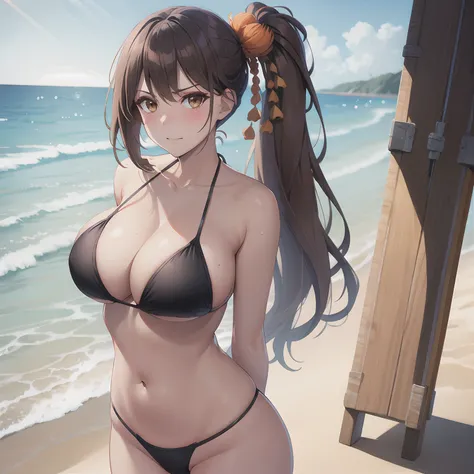 masterpiece, best quality, highres, brown hair, brown eyes, cowboy shot, standing, beach, Black micro bikini, embarrassed, blush, arms behind back, side ponytail, orange eyeshadow, hair ornament, long hair, big breasts,