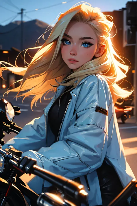 Science-fiction, blond hair, blue eyes, in a motorcycle, Passing night landscape, A beautiful girl with, UHD Portrait, (High quality) (ultra details) Looking at the viewer in a motorcycle jackets; different, colorfully, long hair.