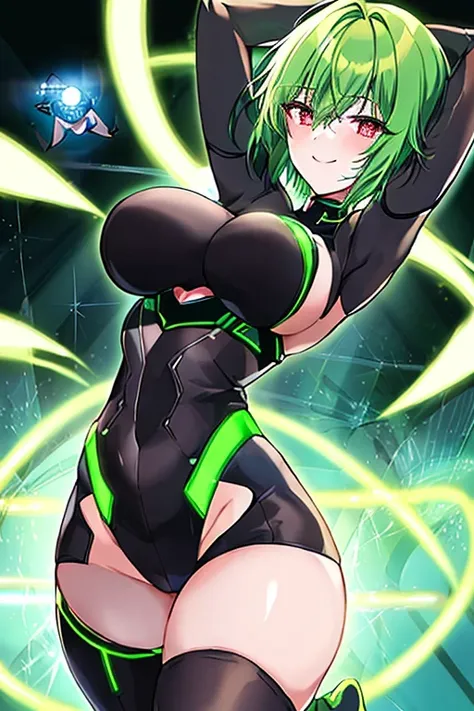 Green hair, bodysuit, short hair, tech, futuristic, science-fiction, neon trim, green neon trim, very short hair, red eyes, pantuhose, swaying hips, hip sway, breasts, large breasts, bouncing breasts, 1girl, arms behind back, hands behind head, thick thigh...