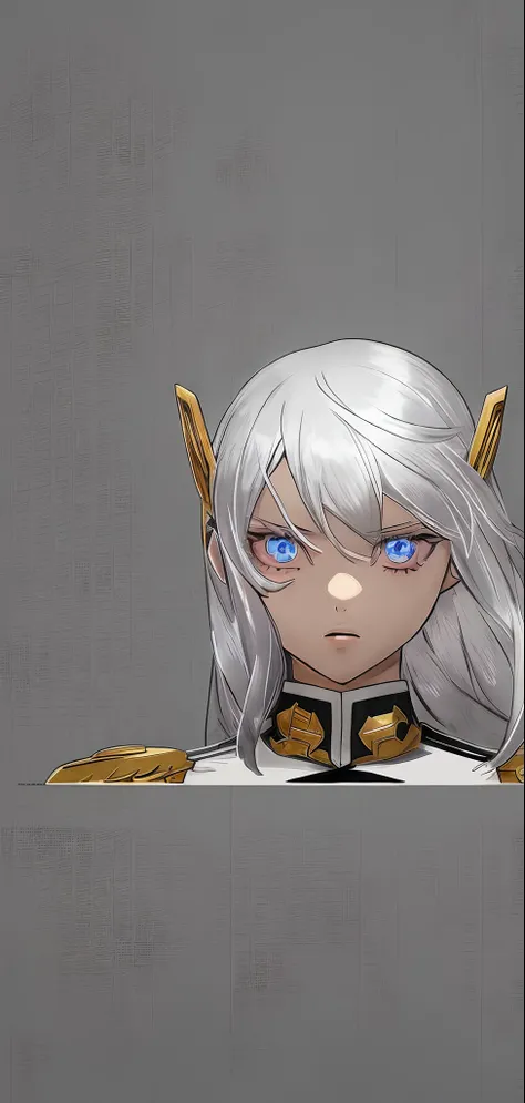 An anime girl with silver hair and black uniform with golden shoulder pads and ref eyes,anime colouring