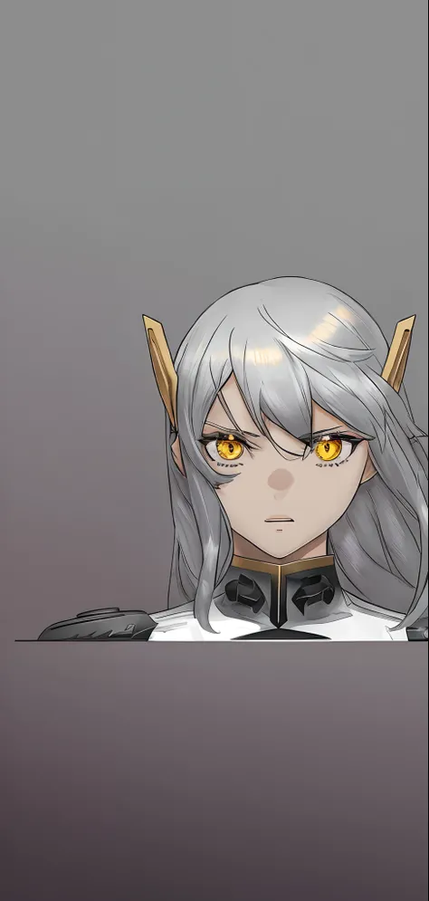 An anime girl with silver hair and black uniform with golden shoulder pads and ref eyes,anime colouring