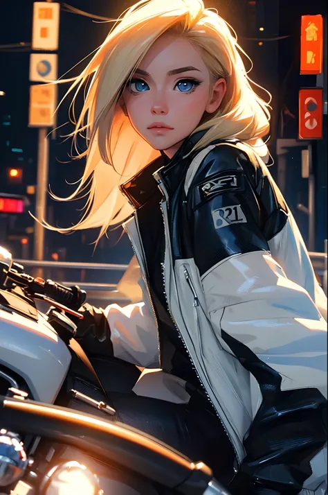 Science-fiction, blond hair, blue eyes, on a motorcycle, Passing night landscape, A beautiful girl with, UHD Portrait, (High quality) (ultra details) Looking at the viewer in a motorcycle jackets; different, colorfully, long hair, no hands, beautiful days.