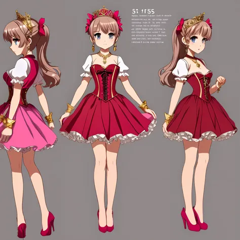 Reference sheet for a pretty 15 years old princess, drawn in anime style, long red pigtails hair, pink eyes, small breast, lipstick, steampunk, red princess gown with puffy sleeves, corset, ribbons, white elbow gloves, ruby earrings and necklace, gold tiar...