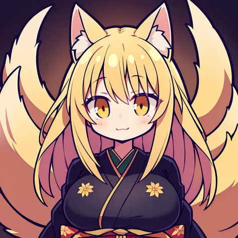 (Best Quality,hight resolution,masutepiece:1.2),Ultra-detailed, masutepiece,Illustration, (Ultra-detailed, mysterious lighting), Golden Fox、Lots of Tails、Golden Eyes、length hair、Golden hair、a large amount of hair、1人の女性,a matural female,large full breasts,T...