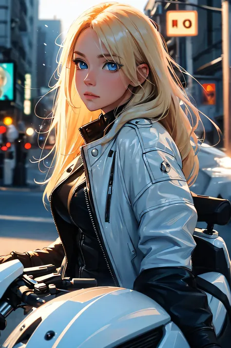 Science-fiction, blond hair, blue eyes, in a motorcycle, Passing night landscape, A beautiful girl with, UHD Portrait, (High quality) (ultra details) Looking at the viewer in a motorcycle jackets; different, colorfully, long hair, no hands, beautiful eyes.