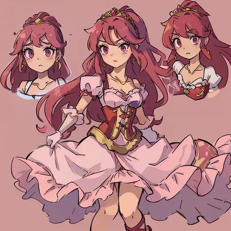 Reference sheet for a pretty 15 years old princess, drawn in anime style, long red pigtails hair, pink eyes, small breast, lipstick, steampunk, red princess gown with puffy sleeves, corset, ribbons, white elbow gloves, ruby earrings and necklace, gold tiar...