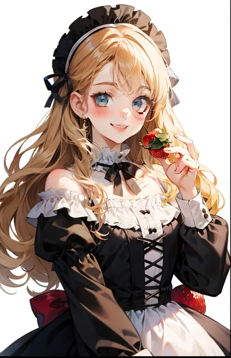 girl with、Background white、without background、a blond、The long-haired、Curly hair、Curly hair、Contrasting bangs、Onepiece、frilld、bow ribbon、Lolita Fashion、with blush cheeks、Smiling、Have strawberries、Scoop、strawberries、kawaii、without background