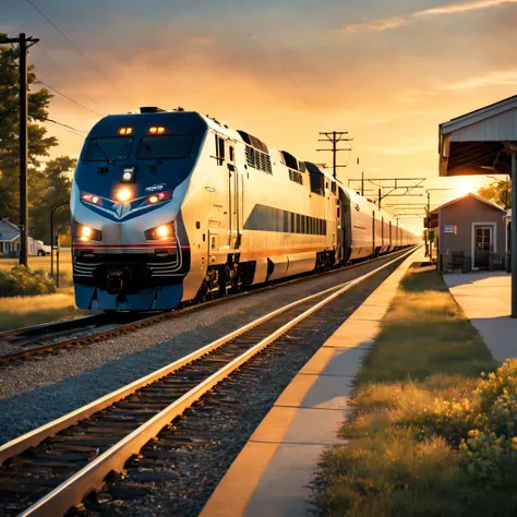 american amtrak train pulls up to a small township station in the northern united states, modern days, summer, soft light of the yellow sunset, realistic, cinematic, soft colors, ultra quality, hyper realistic