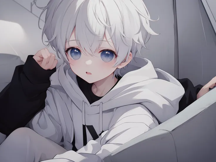 Masterpiece, Best quality, 8K resolution ，1boys，Wearing a black minimalist hoodie，adolable，Shota，White messy short white hair，Directly in front，white backgrounid