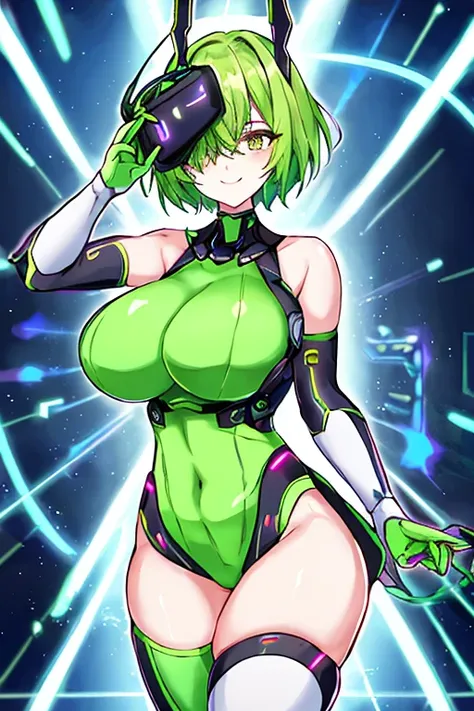 Green hair, bodysuit, short hair, tech, futuristic, science-fiction, neon trim, green neon trim, very short hair, pantuhose, swaying hips, hip sway, breasts, large breasts, bouncing breasts, 1girl, arms behind back, hands behind head, thick thighs, wide hi...