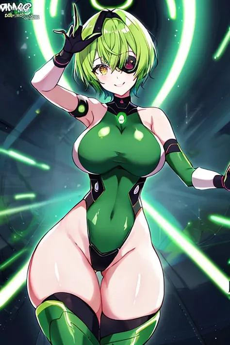 Green hair, bodysuit, short hair, tech, futuristic, science-fiction, neon trim, green neon trim, very short hair, pantuhose, swaying hips, hip sway, breasts, large breasts, bouncing breasts, 1girl, arms behind back, hands behind head, thick thighs, wide hi...