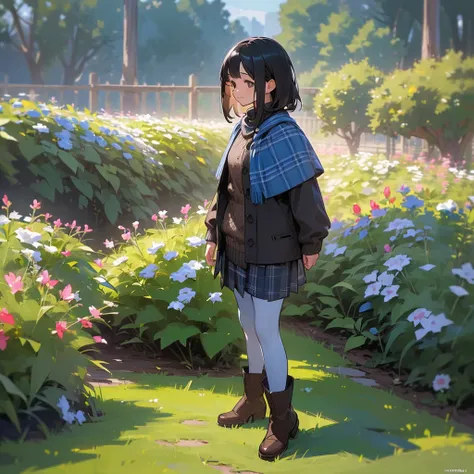 (High quality, High resolution, Ultra-detailed, Realistic:1.37), peaceful ambiance, (plein air, garden), Teenage girl standing alone, Beautiful detailed features, Cute smile, (Black bob hair), Rib Sweater, blue plaid skirt, Black tights, Brown boots.