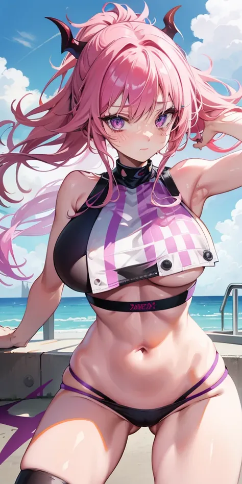 Demon Maiden, Perfect body, perfect cute face, light freckles, Pink hair, (Messy hair:1.3), Purple eyes, Huge breasts, Skinny, yellow wasp, Bikini, Perfect skin, model poses, rooftop pools, Perfect skin, Thighs, (Crop top:1.4)