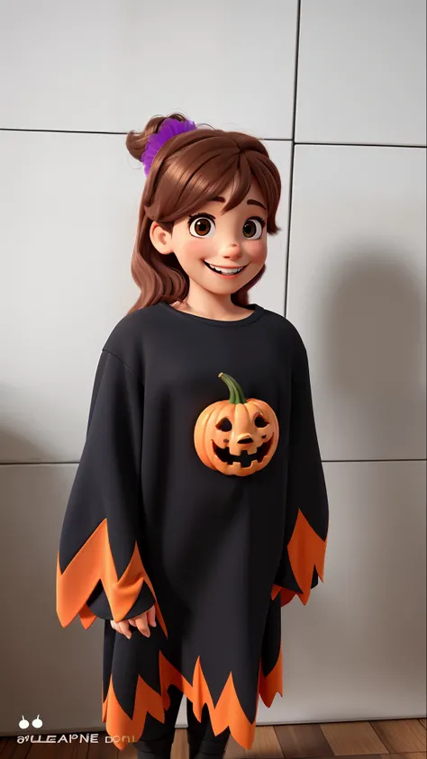 Uma menina sorridente, fantasiada para o halloween