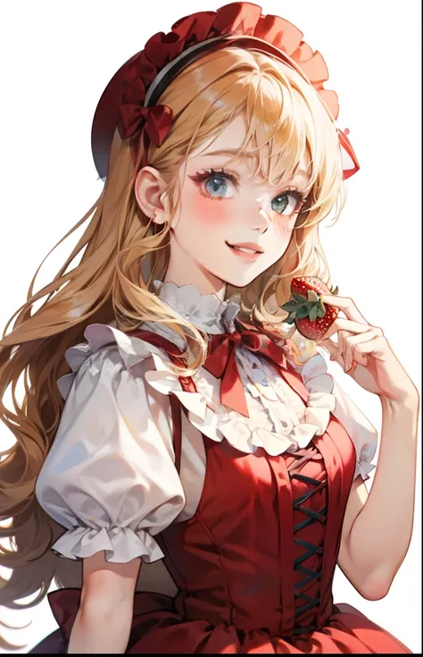 girl with、Background white、without background、a blond、The long-haired、Curly hair、Curly hair、Contrasting bangs、Red one-piece、frilld、bow ribbon、Red Lolita Fashion、with blush cheeks、Smiling、Have strawberries、Strawberries、kawaii、without background