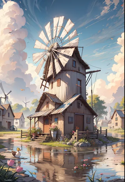 painting of a beautiful farm,with lots of flowers,lush greenery,a pond, water reflection, ((beautiful windmill)),((duck ))roaming around pond,barn beside windmill,sunkissed image,flowers, beautiful art uhd 4 k, a beautiful artwork illustration, beautiful d...