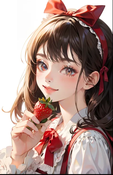 girl with、Background white、without background、A dark-haired、The long-haired、Contrasting bangs、Red One Piece、frilld、bow ribbon、red lolita fashion、with blush cheeks、Smiling、Eating strawberries、Strawberries、Strawberries、kawaii、without background