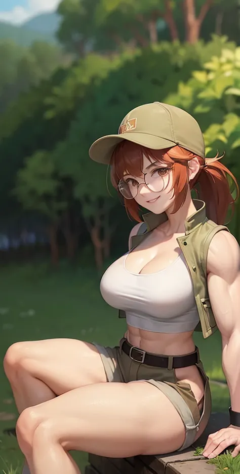 masterpiece, best quality, outdoors, grass, 
fiodef, 1girl, solo, looking at viewer, wariza, arm support, orange hair, hat, baseball cap, crop top, shorts, midriff, vest, navel, belt, short shorts, tank top, cleavage, brown shorts, abs, muscular, smug, mus...