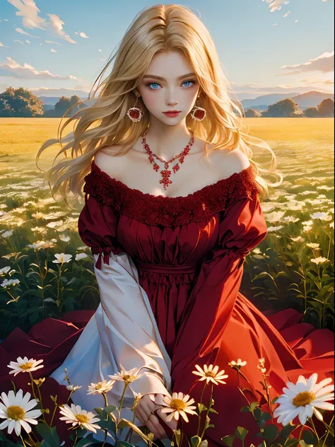 1 girl lies,  in a field of flowers, Red dress, flor branca,  Earrings, view the viewer, Blue eyes, Red ribbon, necklace, Long sleeves, Blonde hair, Short hair, Daisies