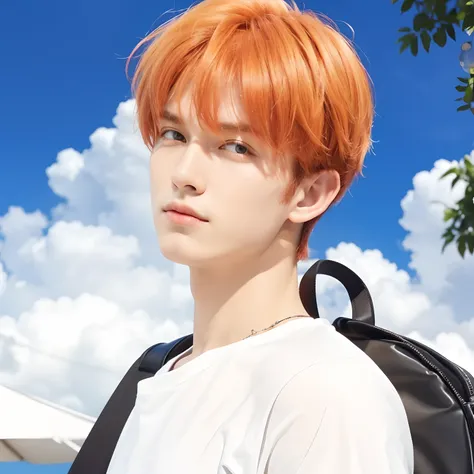 A man with realistic orange hair, exactly the same hairstyle, realistic handsome face, realistic cool expression, adapt the exact same clothes,Realistic black bag, realistic white t-shirt, realistic light, realistic background, realistic shadows