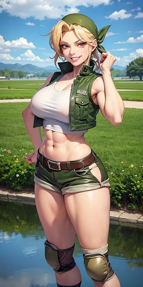 masterpiece, best quality, outdoors, on grass, grass,
cosmieyes, reflection, brown eyes, colored eyelashes, eyelashes,
eridef, 1girl, solo, looking at viewer, blonde hair, vest, bandana, breasts, shorts, navel, midriff, crop top, belt, short shorts, hat, k...