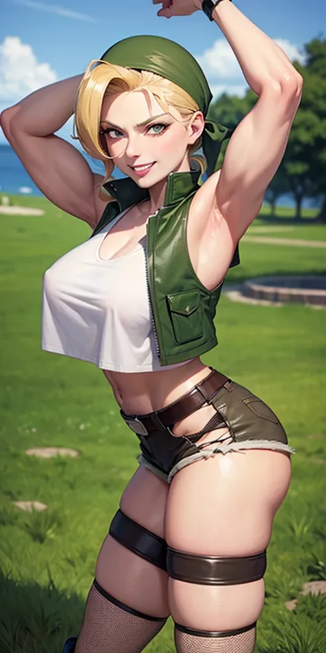 masterpiece, best quality, outdoors, on grass, grass,
cosmieyes, reflection, brown eyes, colored eyelashes, eyelashes,
eridef, 1girl, solo, looking at viewer, blonde hair, vest, bandana, breasts, shorts, navel, midriff, crop top, belt, short shorts, hat, k...