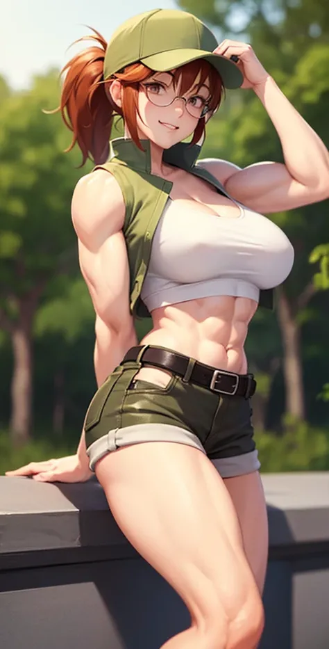 masterpiece, best quality, outdoors, grass, 
fiodef, 1girl, solo, looking at viewer, wariza, arm support, orange hair, hat, baseball cap, crop top, shorts, midriff, vest, navel, belt, short shorts, tank top, cleavage, brown shorts, abs, muscular, smug, mus...