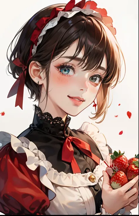 girl with、Background white、without background、A dark-haired、short-cut、Contrasting bangs、Red One Piece、frilld、bow ribbon、red lolita fashion、with blush cheeks、Smiling、Holding strawberries in your hands、Strawberries、Strawberries、kawaii、without background