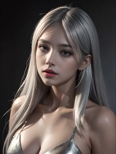 Best quality, masterpiece, ultra high res, (photorealistic:1.4), raw photo, 1girl, silver hair, shiny skin, dramatic lighting