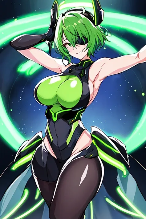 Green hair, bodysuit, short hair, tech, futuristic, science-fiction, neon trim, green neon trim, very short hair, pantuhose, swaying hips, hip sway, breasts, large breasts, bouncing breasts, 1girl, arms behind back, hands behind head, thick thighs, wide hi...