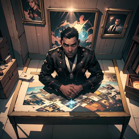 Aerial view shot of neon lit framed art portraits falling from above in a scene and surrounding a  black man sitting on a reflective surface reflecting the oblects in the scene, in a spotlight of white light shining on him from above, whole scene dark, bla...