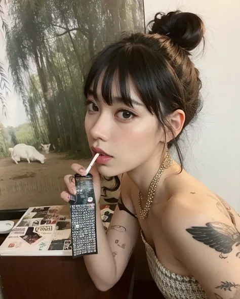 mulher de araffe com um cigarro na boca e um cigarro na boca, de menina taiwanesa com tatuagens, yakuza menina magra, Estilo de Junji Ito, Ela tem cabelo preto com franja, Xintong Chen, Lulu Chen, estilo junji ito, kanliu666, Wenfei Ye, com franja completa...