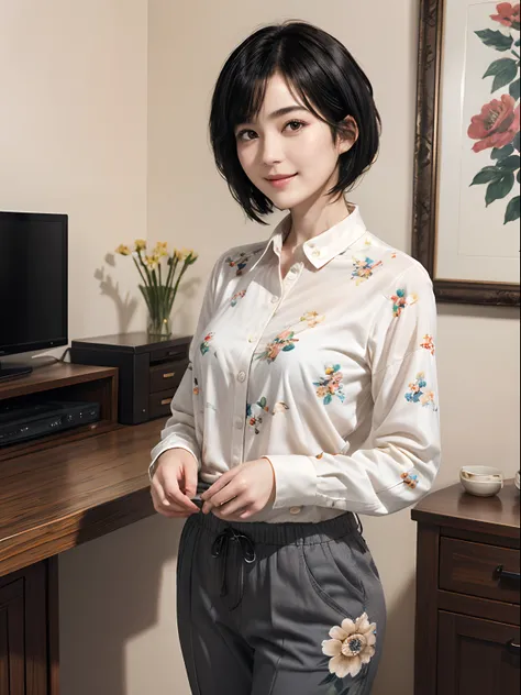 93
(a 20 yo woman,is standing), (A hyper-realistic), (masutepiece), ((short-hair:1.46)), (Smooth black hair), wear long pants, (Wearing a long-sleeved shirt with a floral print), (painterly、picture frame), (Gentle smile), (Keep your mouth shut)